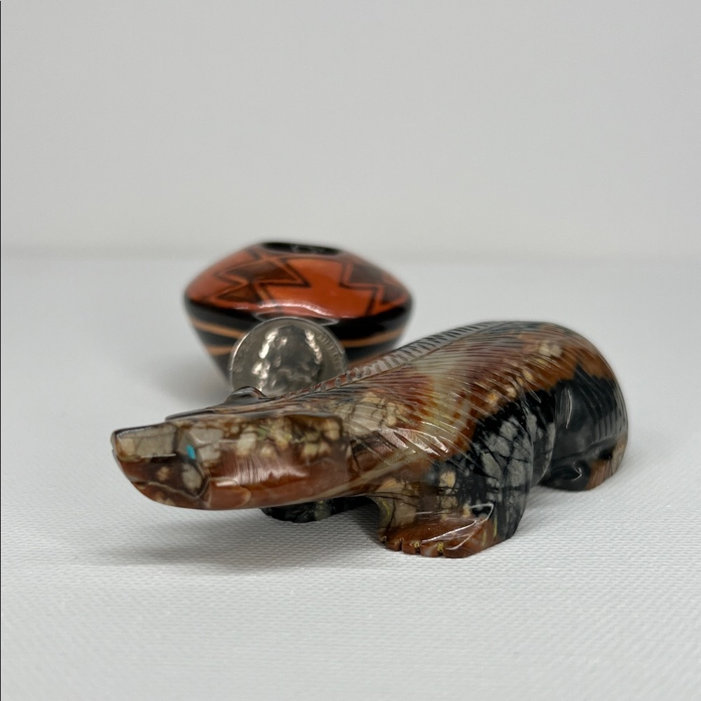 Brown and Gray Picasso Stone Bear Sculpture with Red and Blue Accents